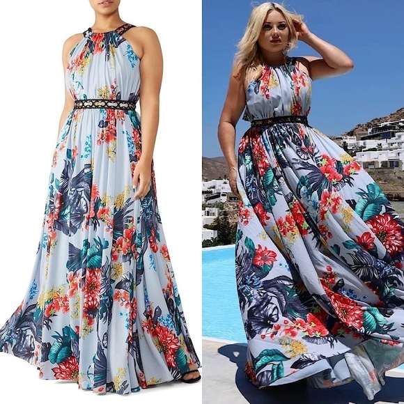 BADGLEY MISCHKA Tropical Floral Grommet Lace Sleeveless Halter Neck Maxi Gown 18 - Picture 1 of 10